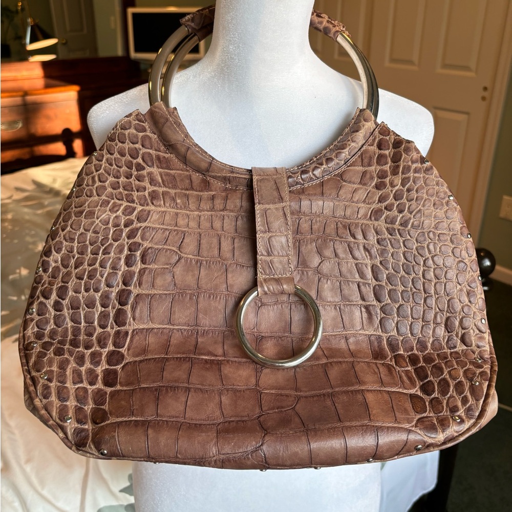 Brown Crocodile Embossed Leather bag with metal handles by Georges Rech - Picture 1 of 6